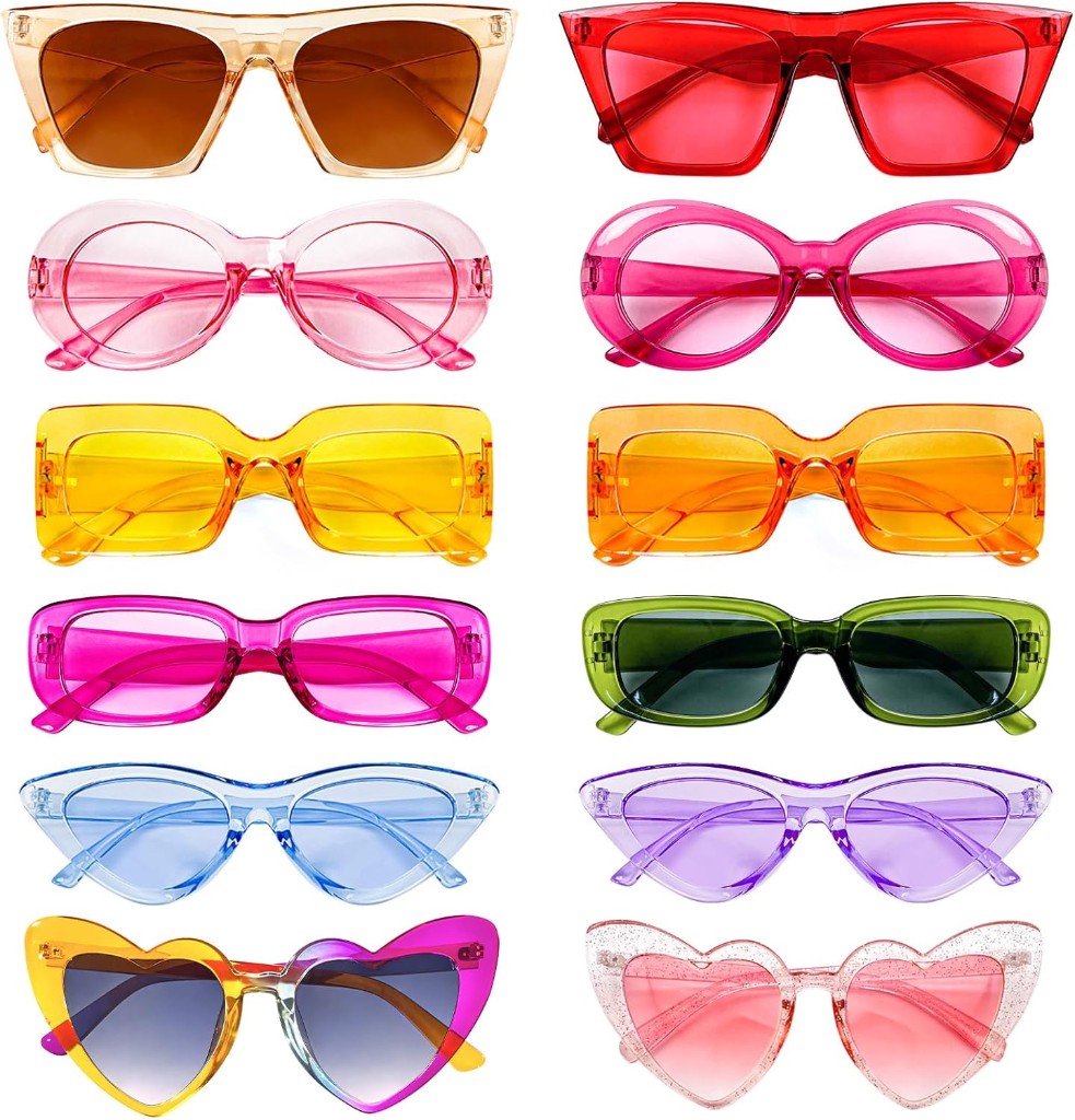 Assorted colorful sunglasses props.
